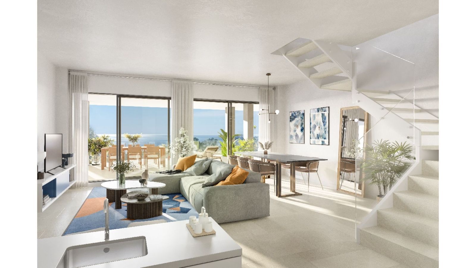 Modern appartement interieur met uitzicht op zee en trap