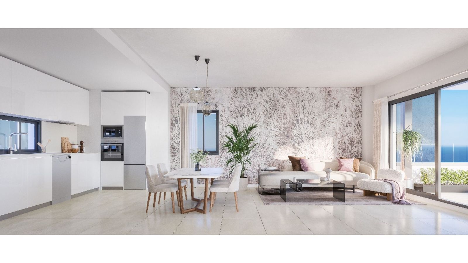 Moderne appartement met open plattegrond, keuken, eet- en woonkamer.