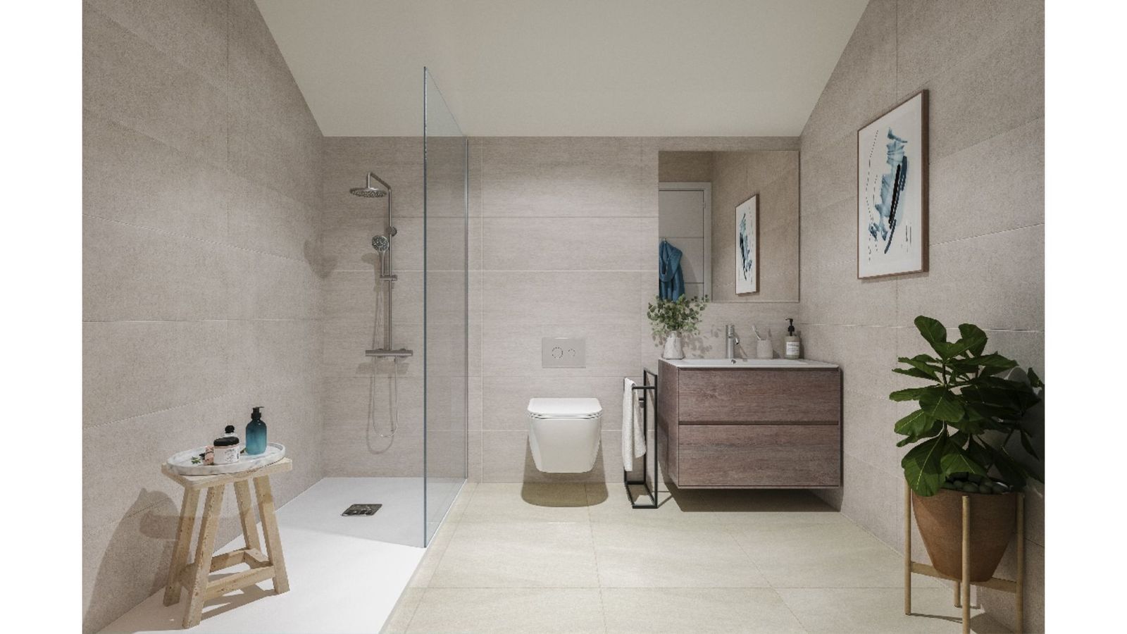 Moderne badeværelse med walk-in bruser, vaskeskab og plante i Alba Benalmadena.